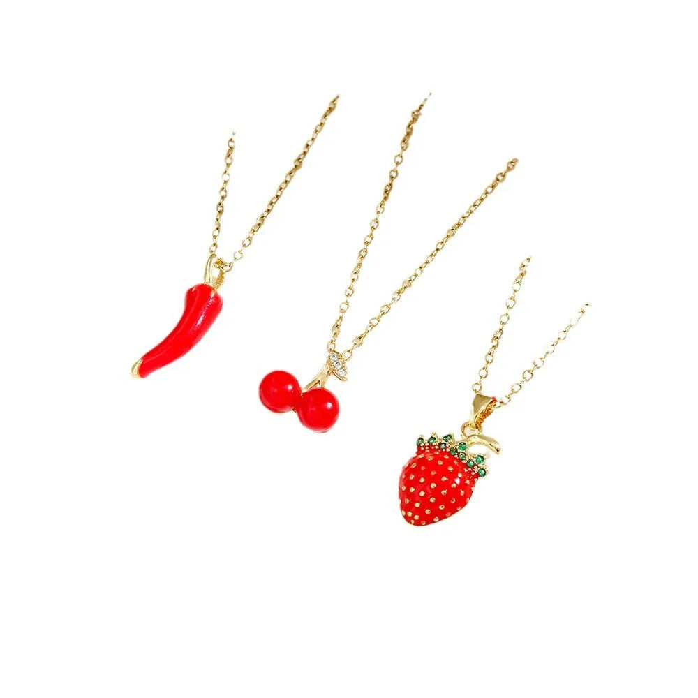 Titanium steel women's necklace with strawberry, cherry and pepper charm pendants on O-ring chain