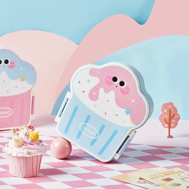 Blue and pink ice cream shaped plastic lunch box with spoon and fork included