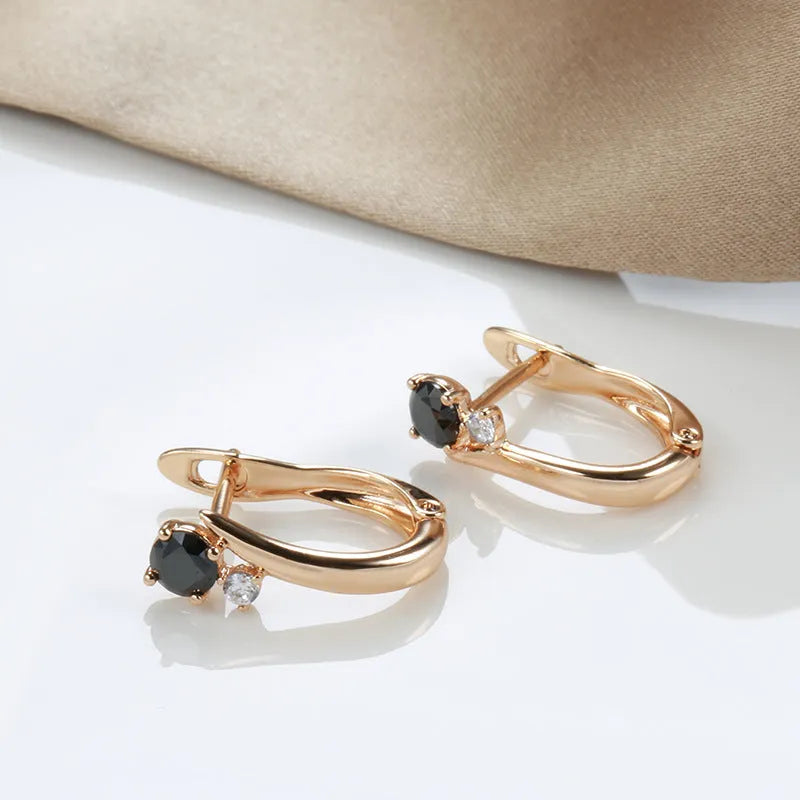 Black agate geometric drop earrings with gold-plated copper setting for women's retro jewellery
