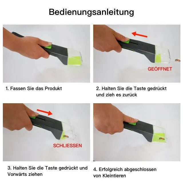 Green handheld insect catcher with plastic construction for garden and grass pest control