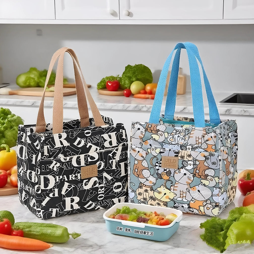Women's portable square canvas bag with aluminium handle in a choice of printed designs including flowers and cats.