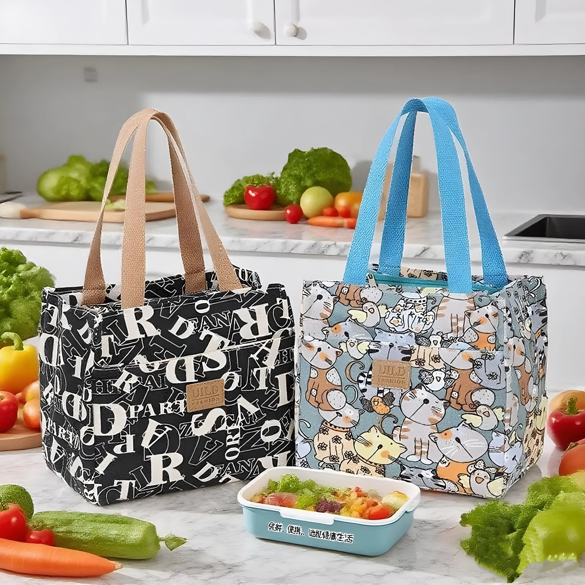 Women's portable square canvas bag with aluminium handle in a choice of printed designs including flowers and cats.