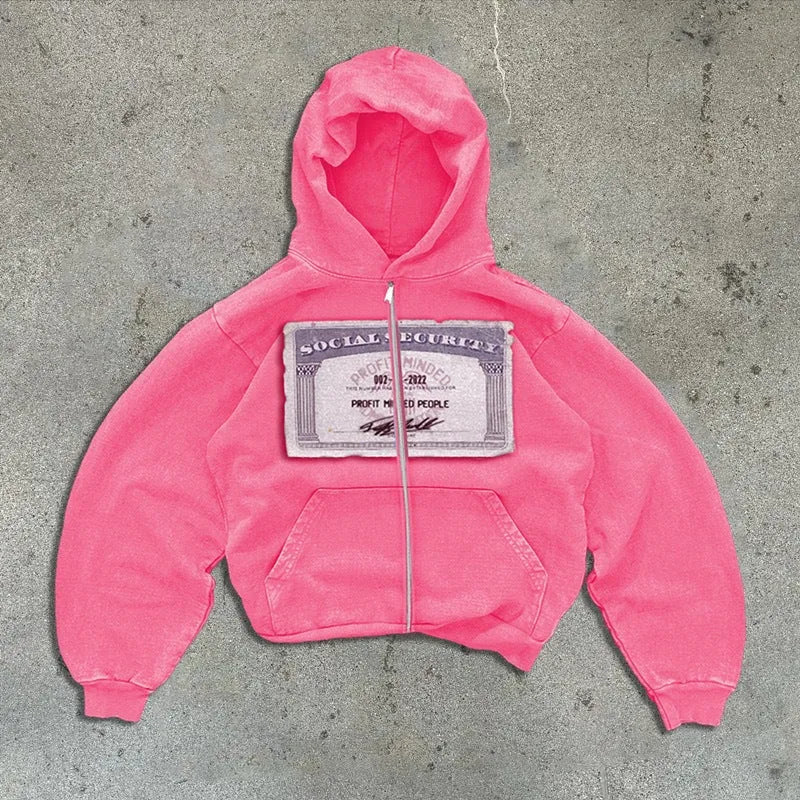 Unisex loose fit hooded zipper jacket with letter pattern and zipper pockets in black, grey or pink