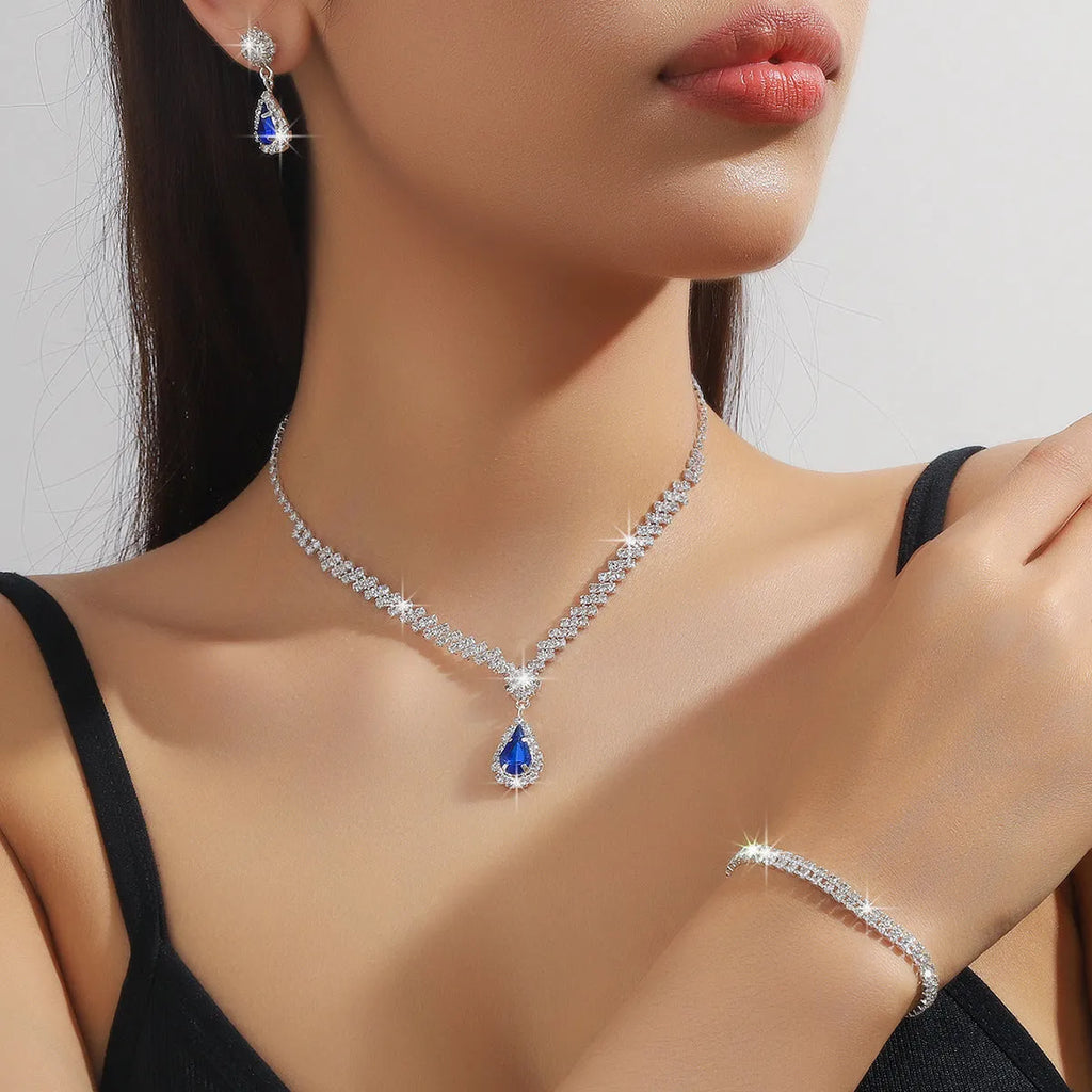Claw chain necklace and earrings set with water drop rhinestone pendants in multiple colour options