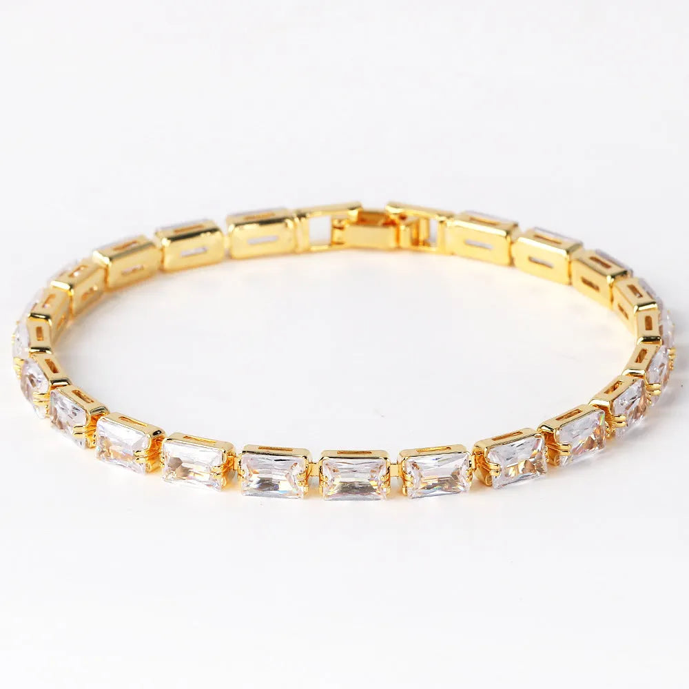 Close-up of a women's ins style bracelet with electroplated alloy band and sparkling zircon stones in a choice of colours.