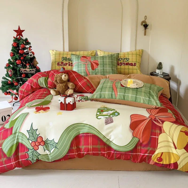 Christmas cartoon printed bedding set with sheet, quilt cover, and pillowcases in super soft washed cotton