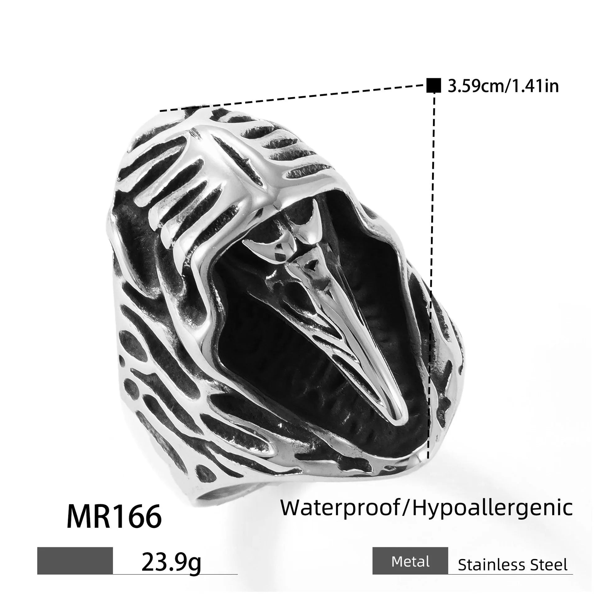 Geometric crow design punk ring in titanium steel, MR166 colour, showing retro animal motif