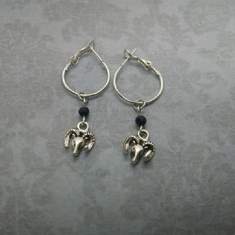 Silver round ring earrings with Tibetan antelope style design for women