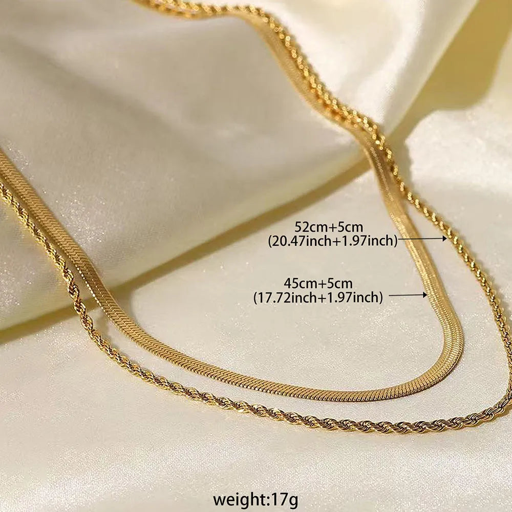 Women's retro double-layer twist necklace with geometric titanium steel pendant on adjustable snake bones chain