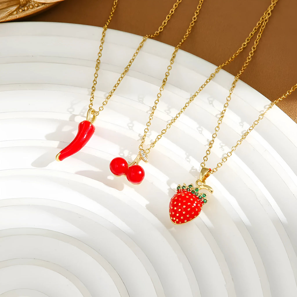 Titanium steel women's necklace with strawberry, cherry and pepper charm pendants on O-ring chain