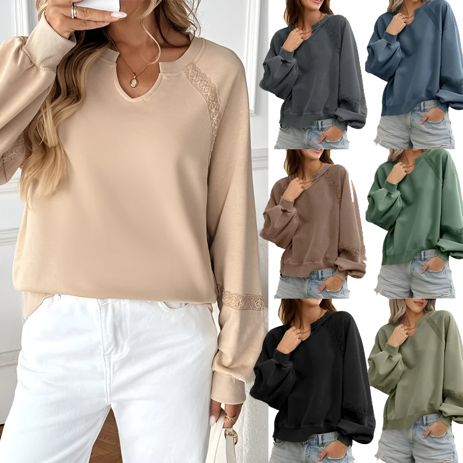 Women's loose fit sweater with half-open collar and lace stitching in solid colour
