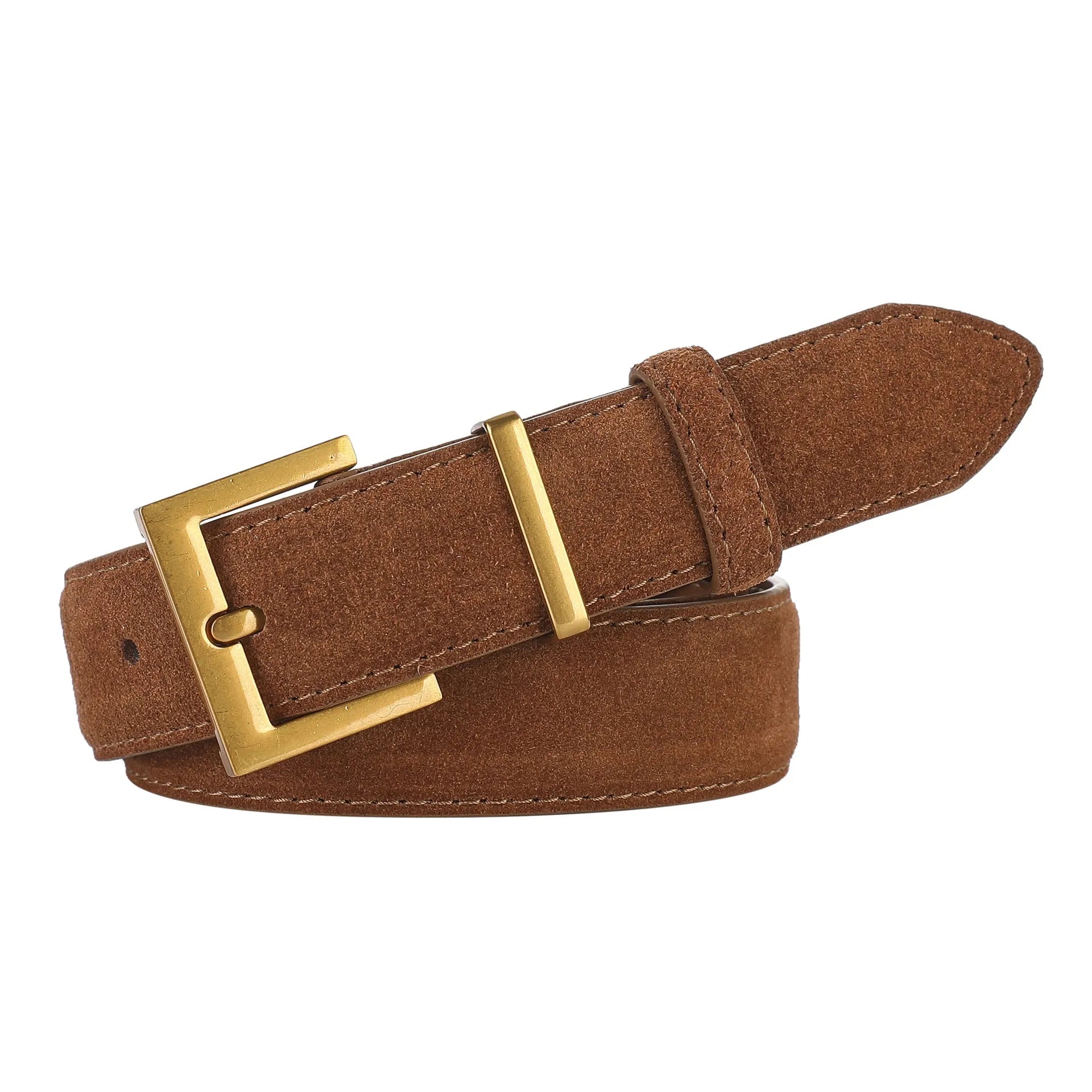 Ladies black genuine leather belt with a silver quadrilateral pin buckle on a white background.