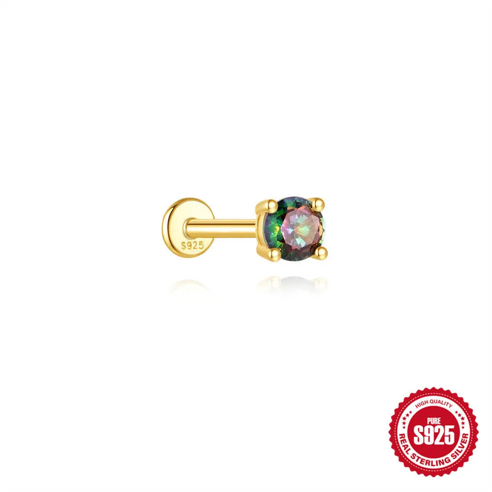 S925 sterling silver flat head thread ear stud with super shiny rainbow stone finish in a gold colour.