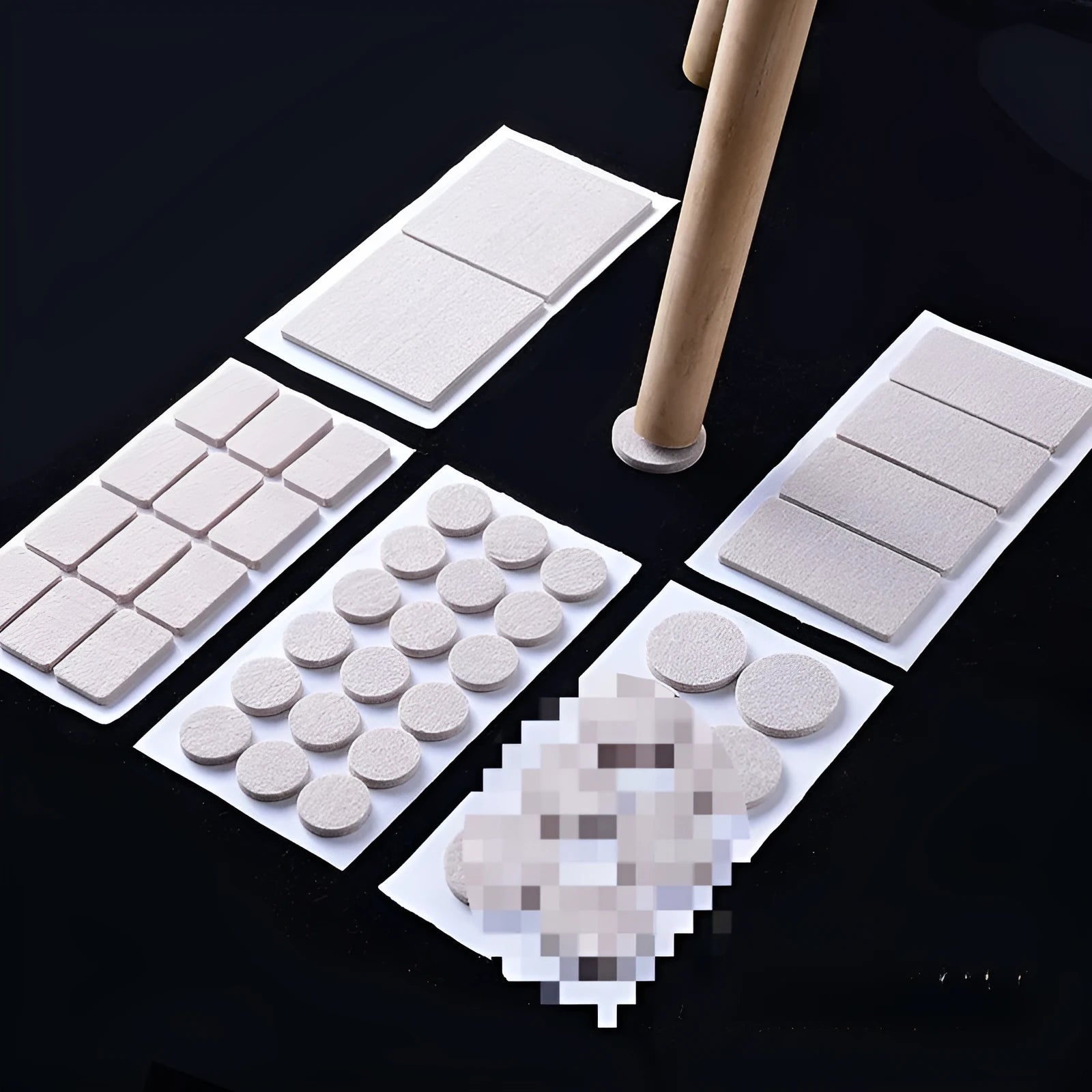 Beige plastic furniture leg stoppers set showing round and square protectors in five size variations