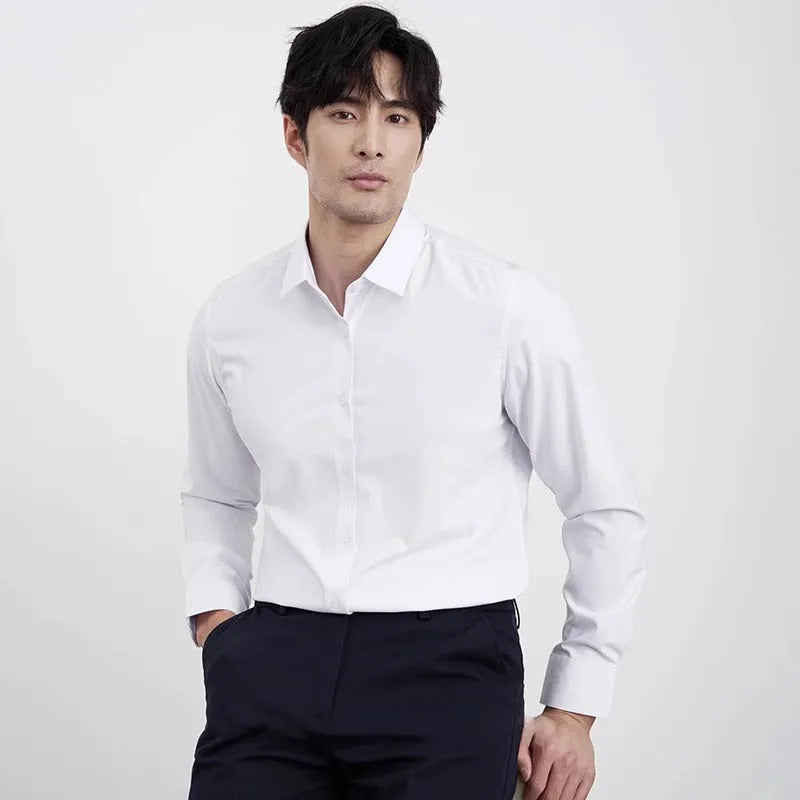Men's wine red slim fit long sleeve business shirt with non-iron fabric on a hanger