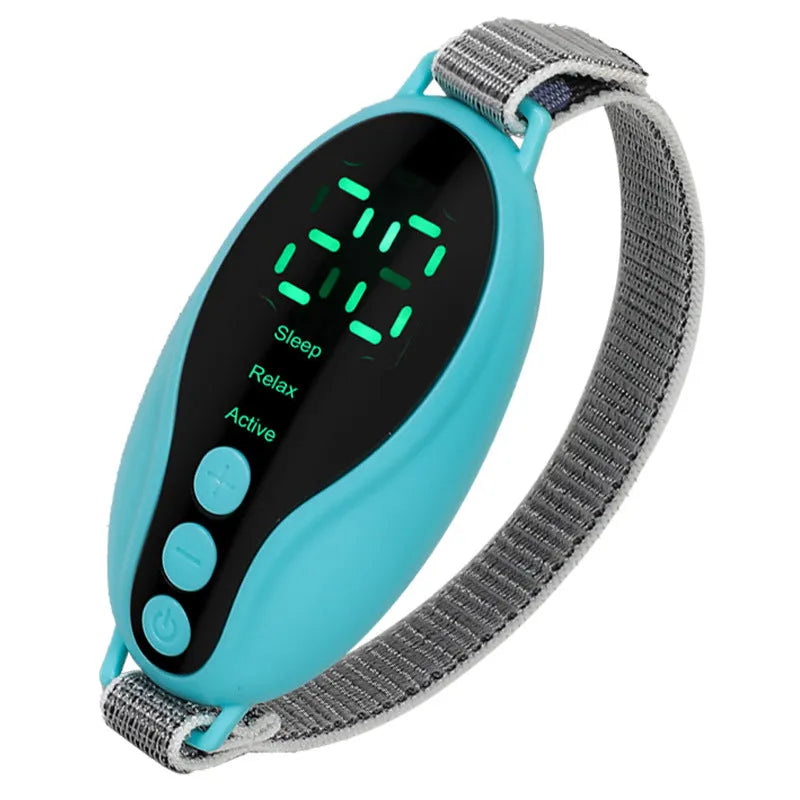 White or blue USB sleep aid device with 20 speed settings showing compact 80x40x20mm dimensions