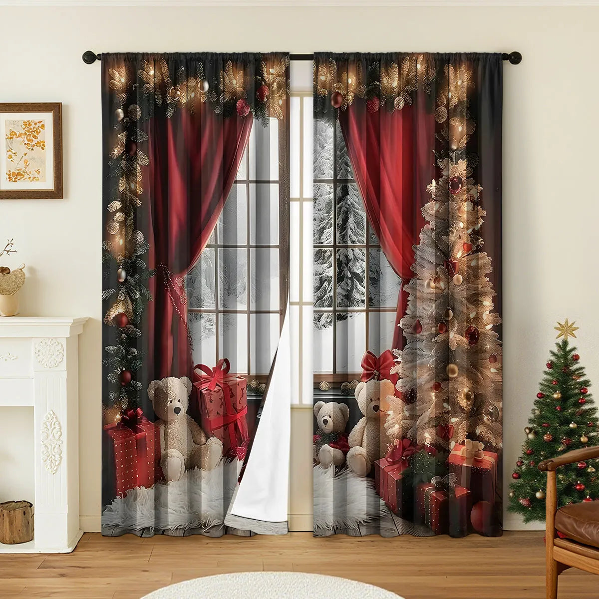 Pair of 3D digitally printed Christmas pattern blackout curtains hanging on a window.