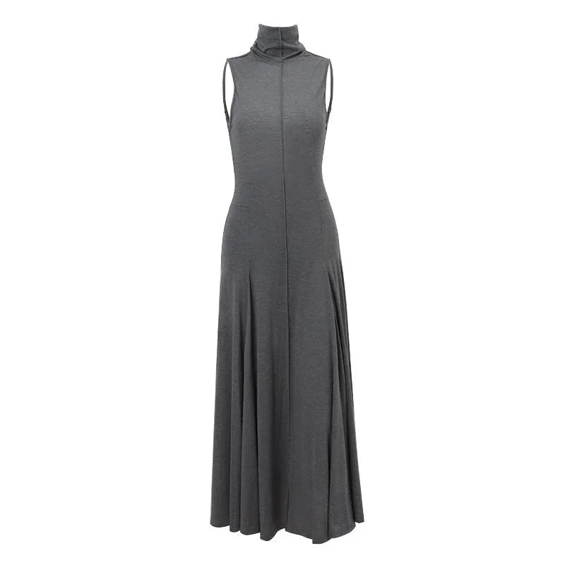 Grey slim-fit women's cotton dress with half turtleneck and backless design on a hanger.