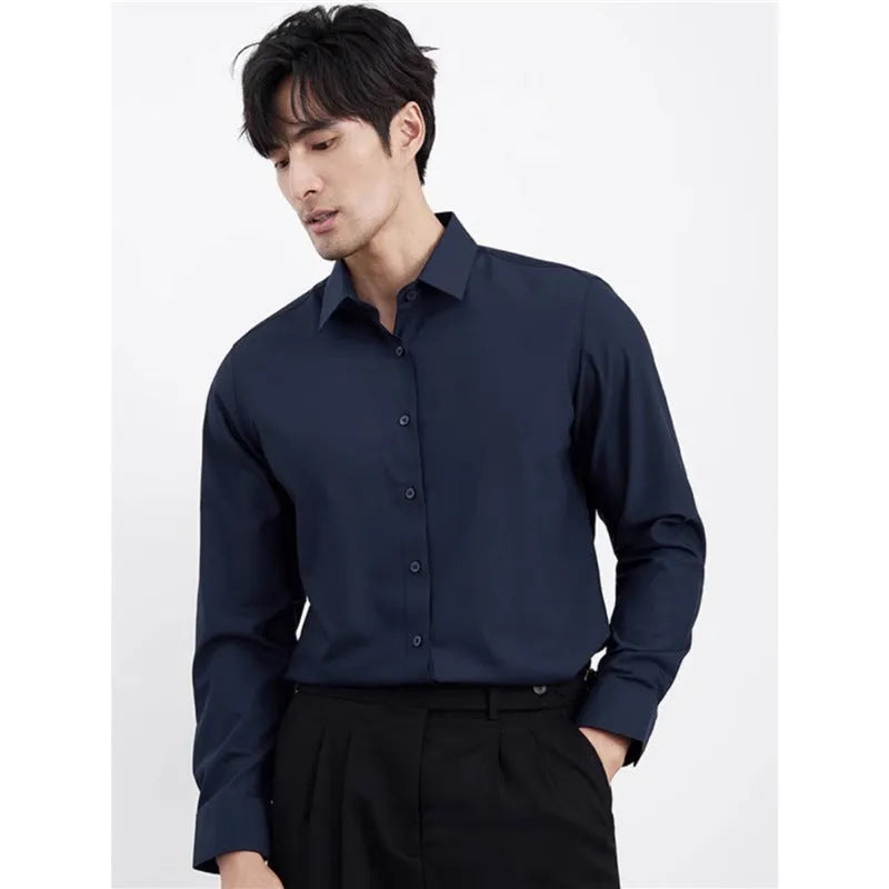 Men's wine red slim fit long sleeve business shirt with non-iron fabric on a hanger