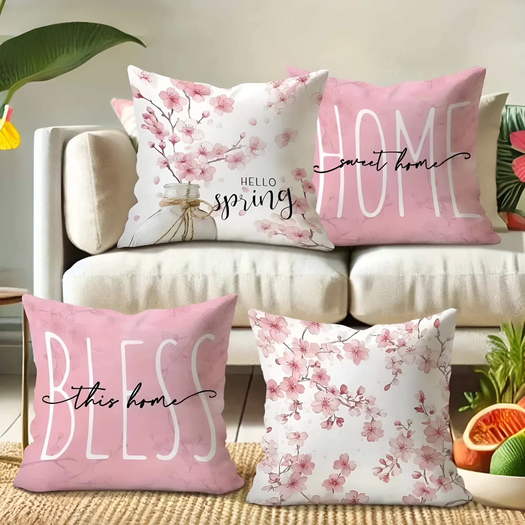 Square short velvet cushion cover with cherry blossom and letter design in 45x45cm size.