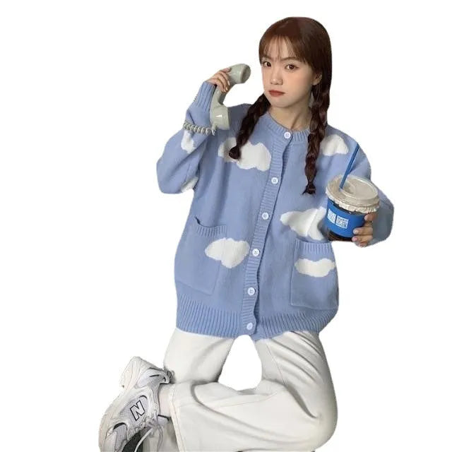 Women's blue cloud pattern cardigan sweater with long sleeves and loose fit