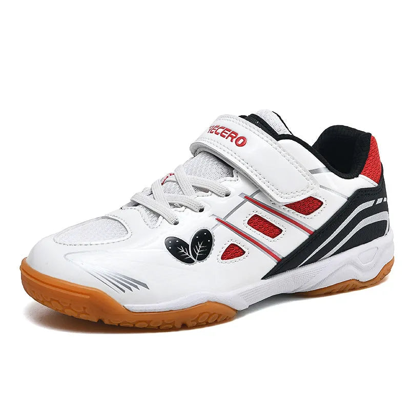 White and blue low-top casual badminton shoes with ribbed sole on a court surface.
