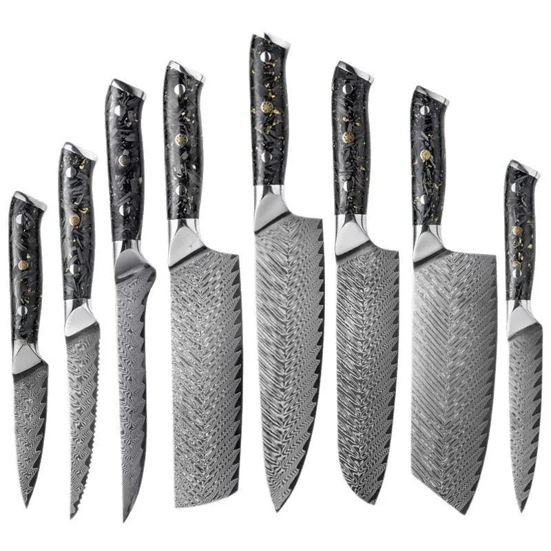 Damascus steel kitchen knife set showing eight different blade sizes with fishbone pattern detailing
