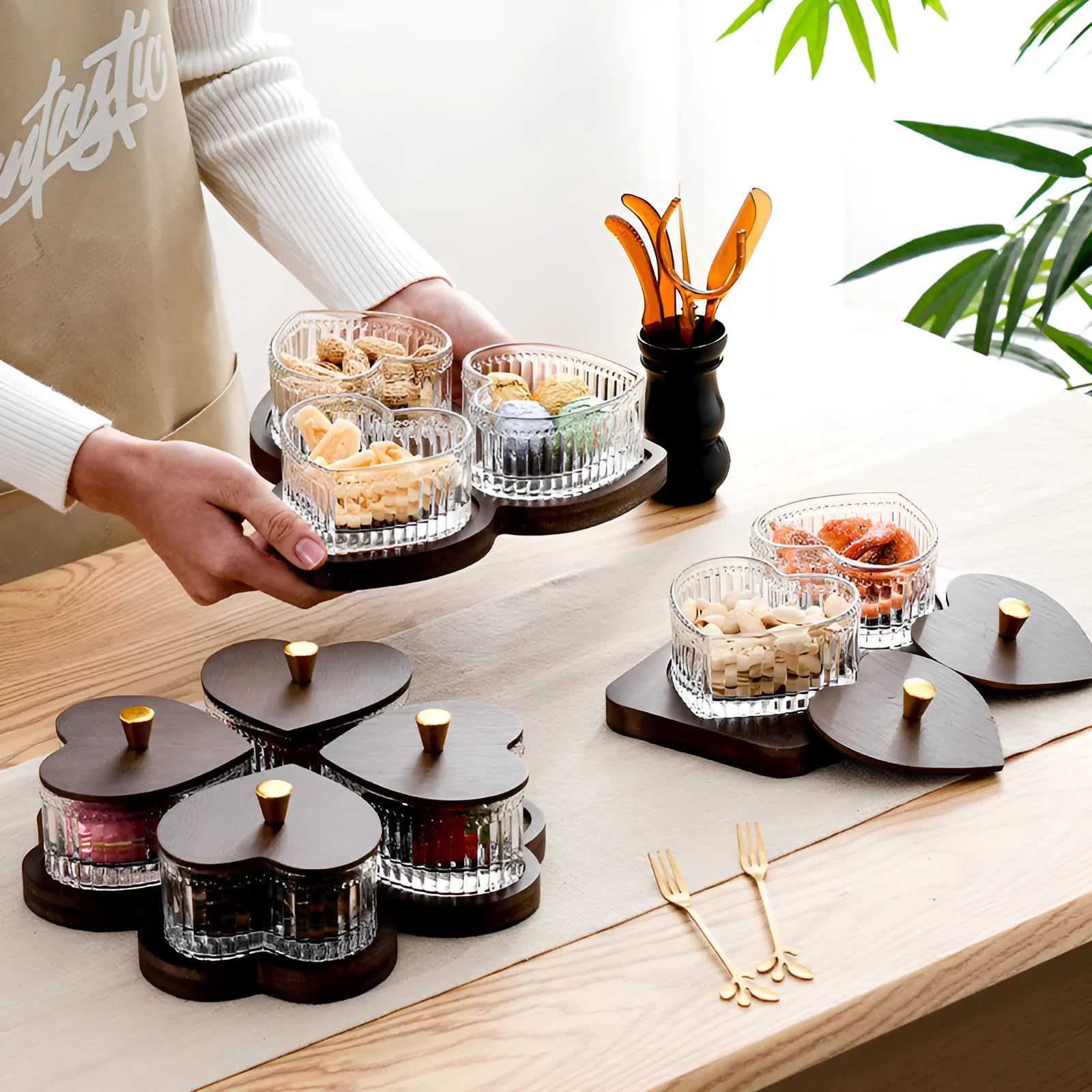 Retro glass serving platter with heart-shaped lids in 2, 3, 4, and 5 grid configurations for snacks.