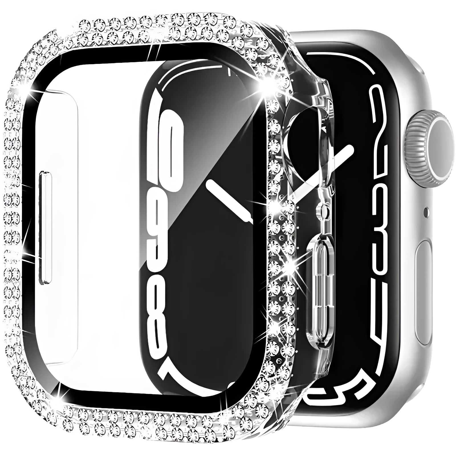 Apple Watch case with double diamond glass privacy screen in rose gold, silver, and black colour options