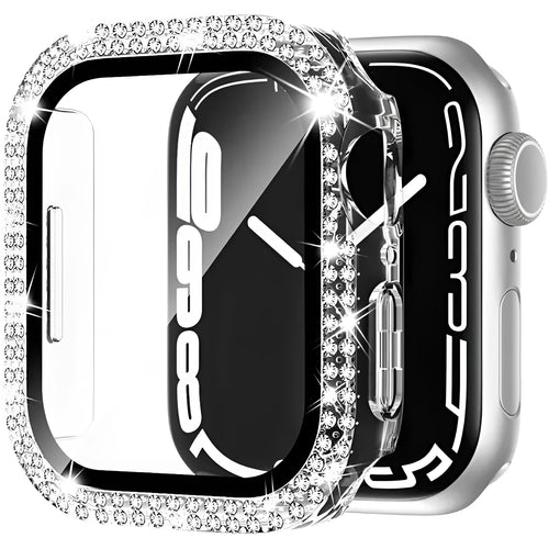 Apple Watch case with double diamond glass privacy screen in rose gold, silver, and black colour options