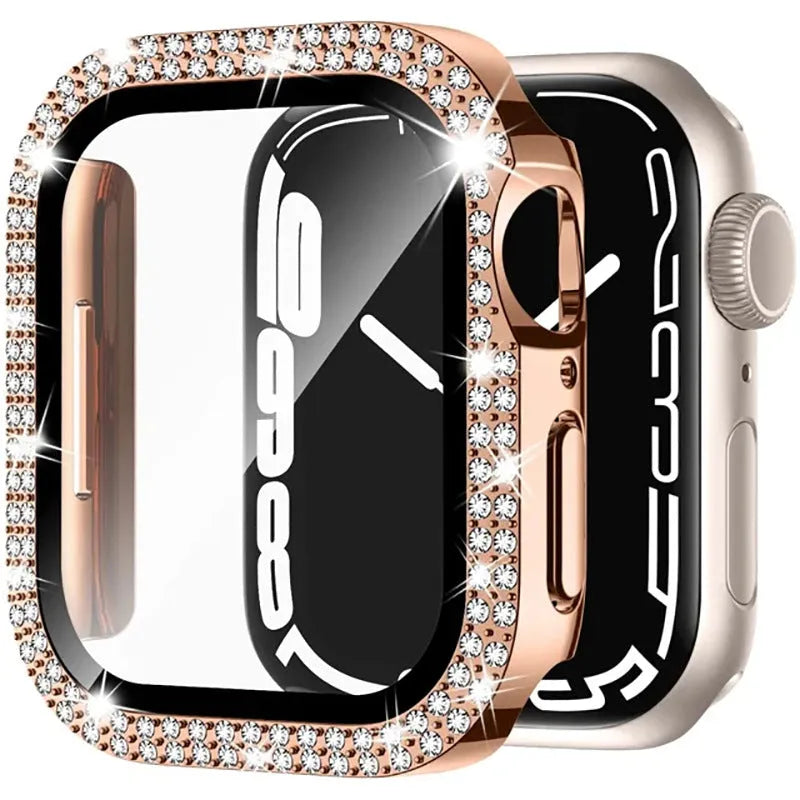 Apple Watch case with double diamond glass privacy screen in rose gold, silver, and black colour options