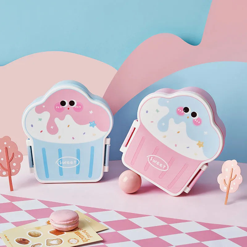 Blue and pink ice cream shaped plastic lunch box with spoon and fork included