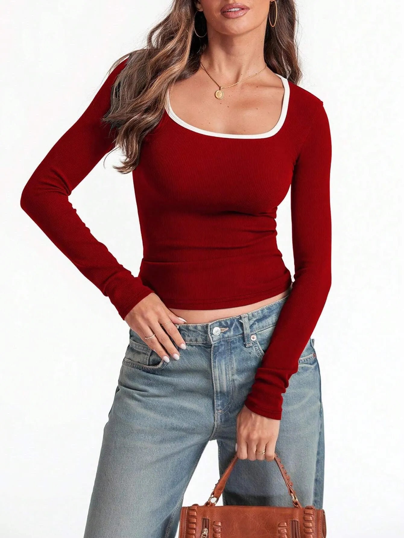 Women's slim fit cotton top with a square collar, shown in a solid colour.