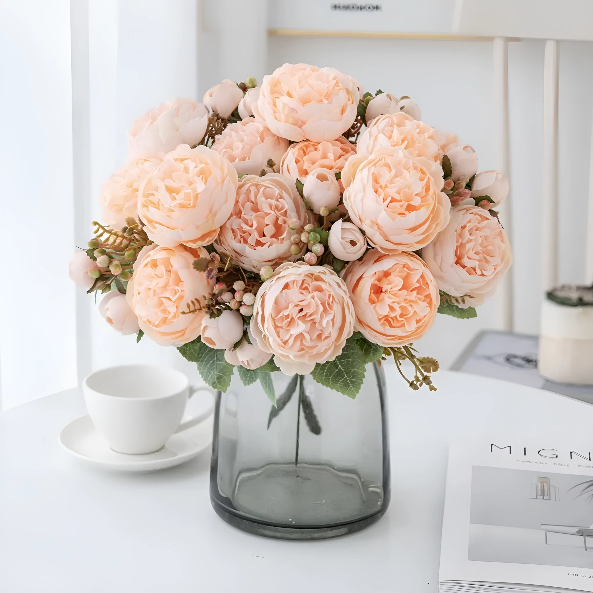 Artificial silk peony bouquet in champagne colour for home and wedding decoration.