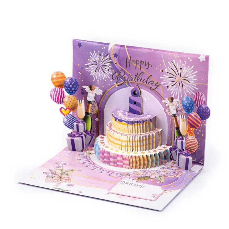 Chinese ink style 3D birthday cake greeting card with light music mechanism, 15x20cm