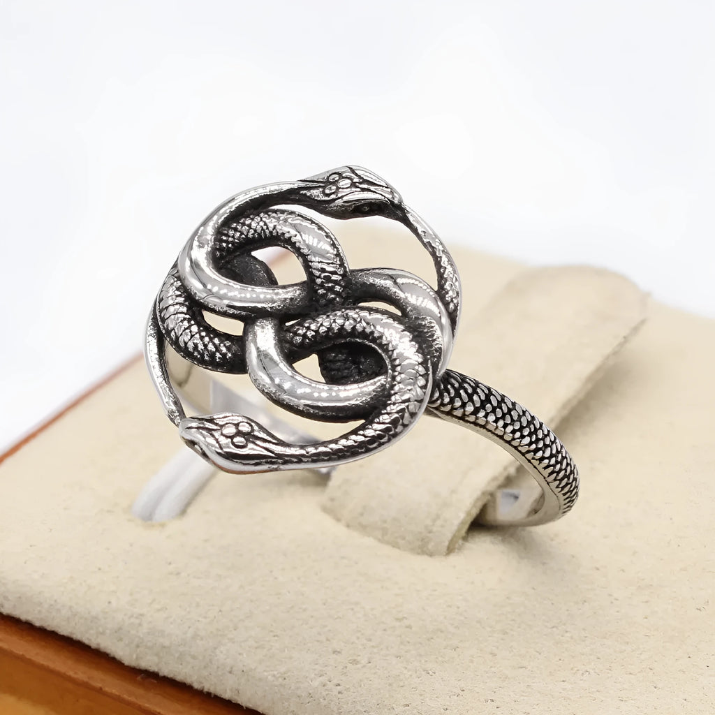 Titanium steel double snake ring in retro design with coiled serpent motif