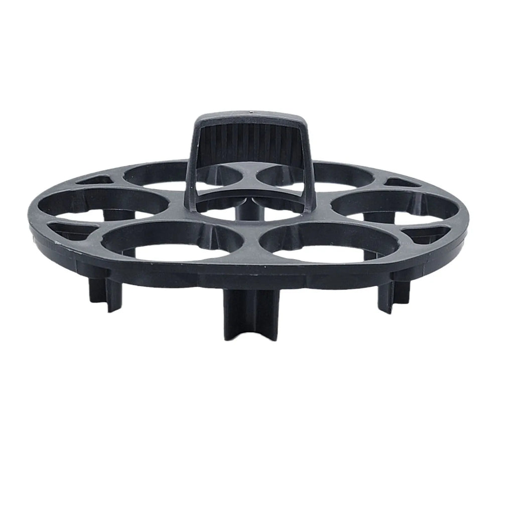 Black plastic egg holder with retainer design for kitchen storage, measuring 13.8cm by 12.6cm