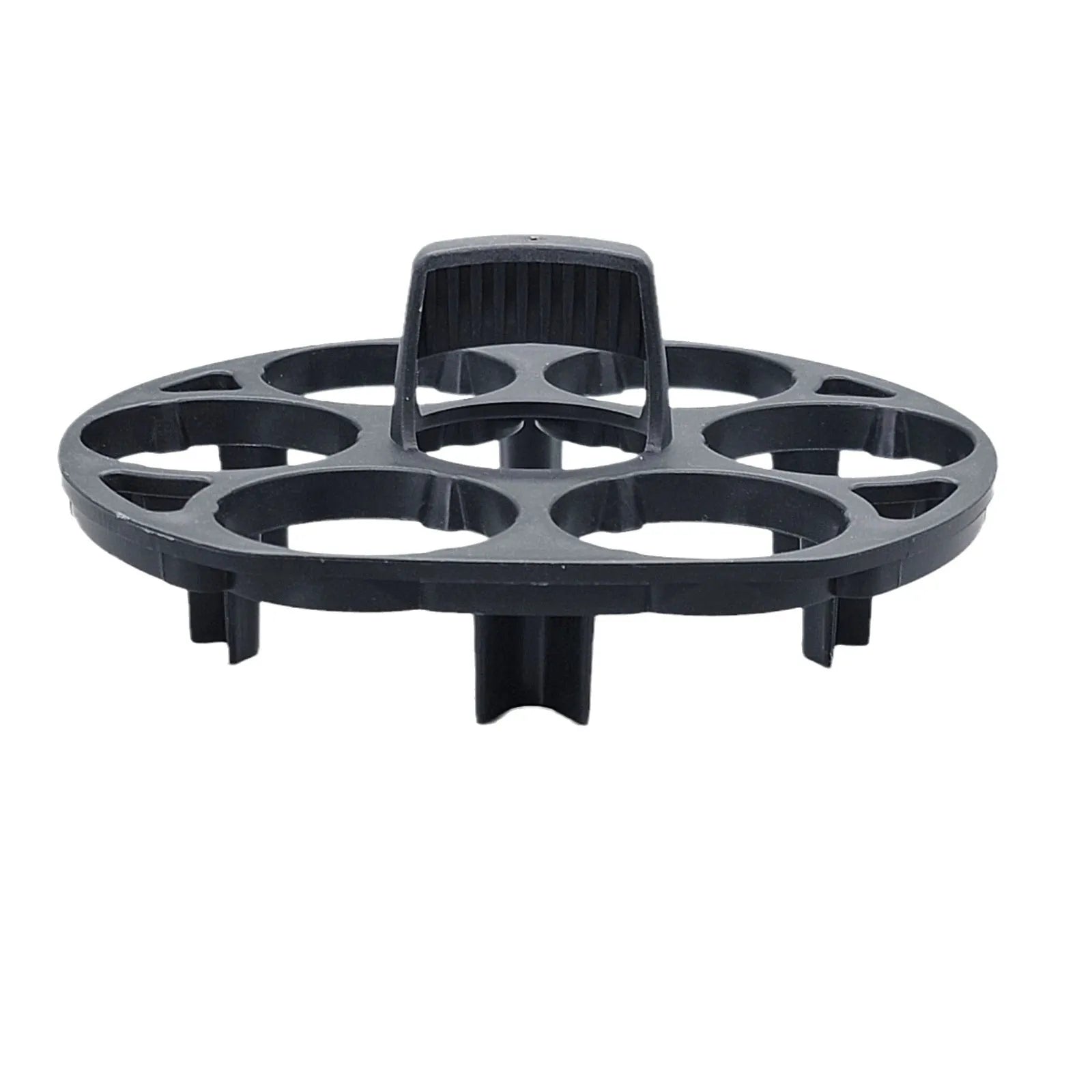 Black plastic egg holder with retainer design for kitchen storage, measuring 13.8cm by 12.6cm