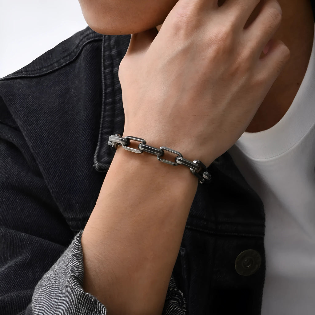 Men's simple square link titanium steel bracelet in steel, gold, black, or retro colour finish.