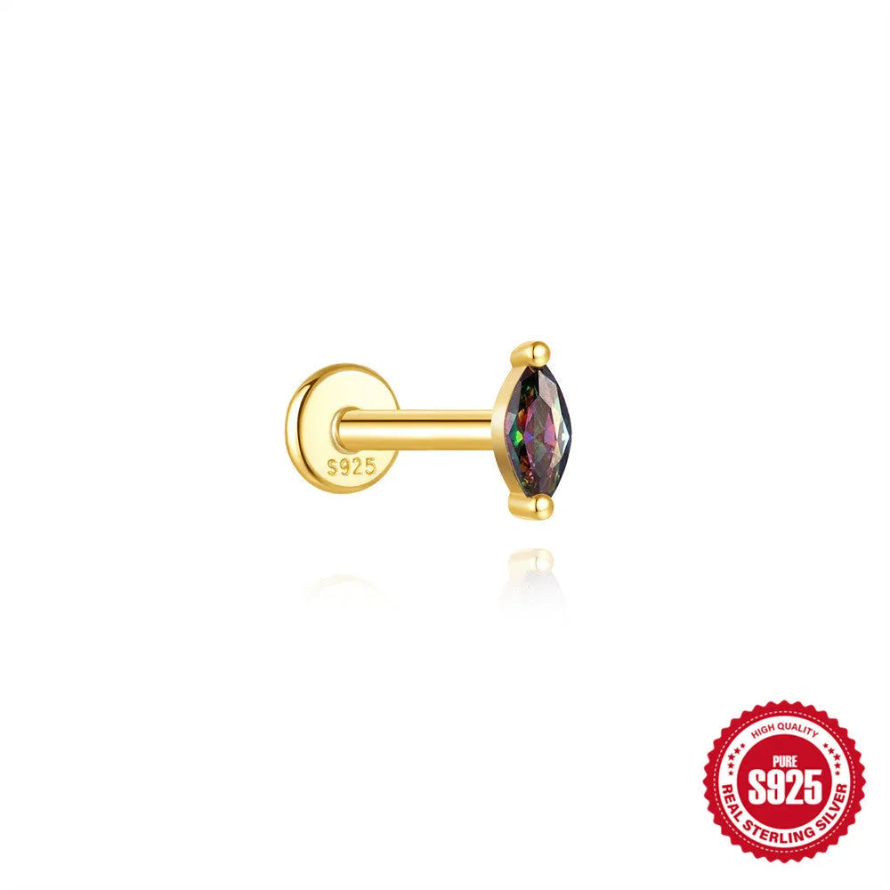 S925 sterling silver flat head thread ear stud with super shiny rainbow stone finish in a gold colour.