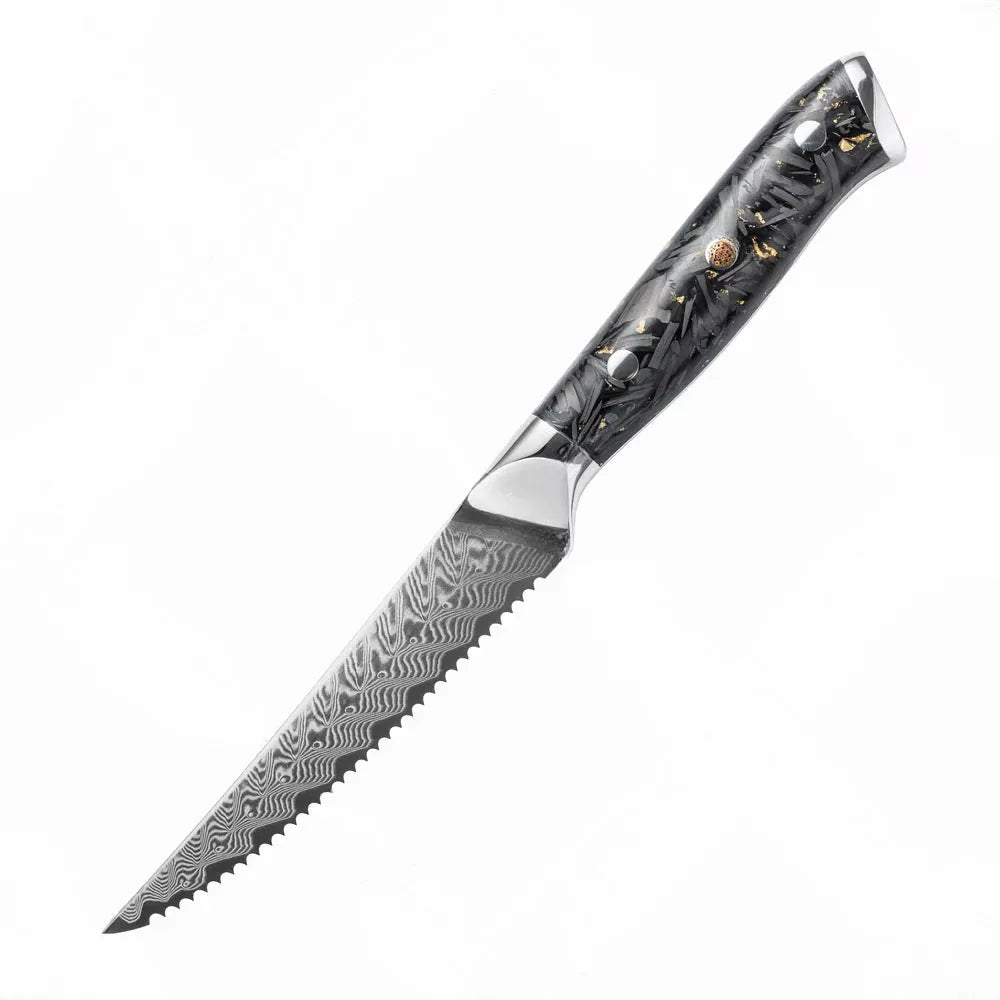 Damascus steel kitchen knife set showing eight different blade sizes with fishbone pattern detailing