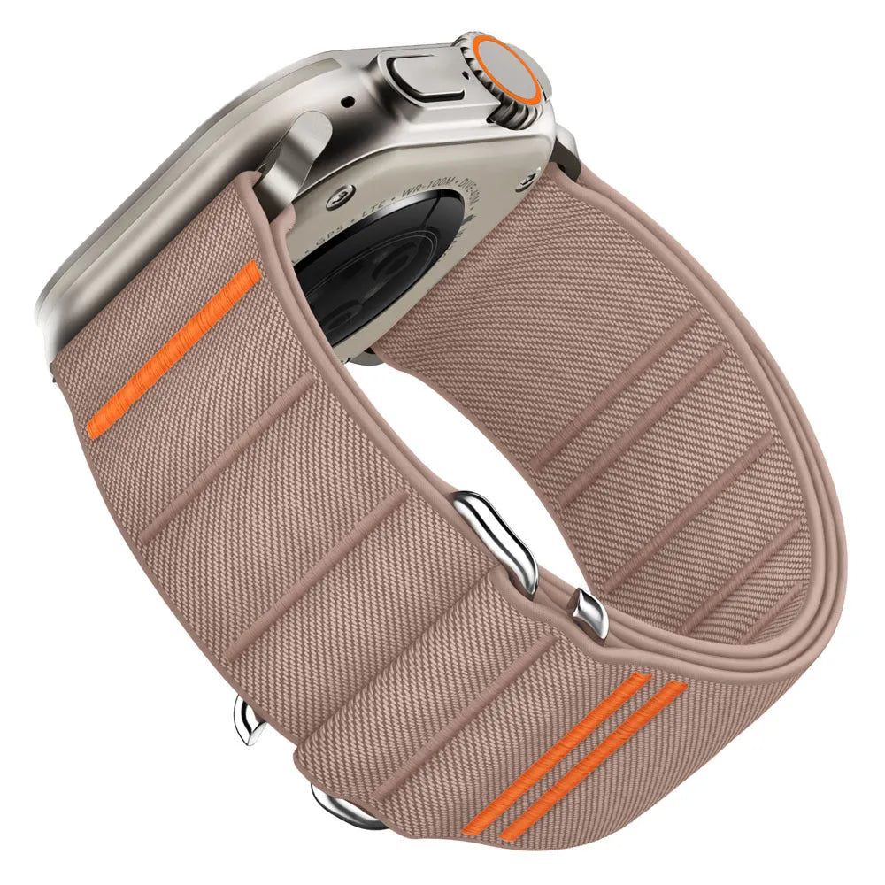 Elastic nylon Apple Watch compatible band with stainless steel buckle shown in multiple colour options
