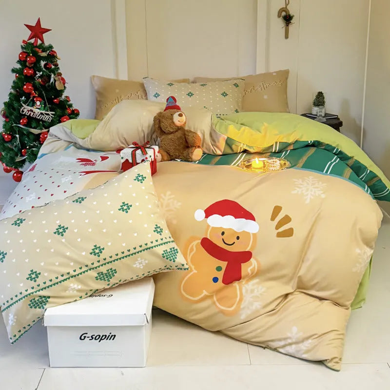 Christmas cartoon printed bedding set with sheet, quilt cover, and pillowcases in super soft washed cotton