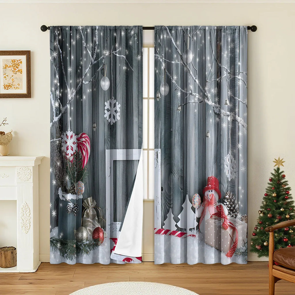 Pair of 3D digitally printed Christmas pattern blackout curtains hanging on a window.