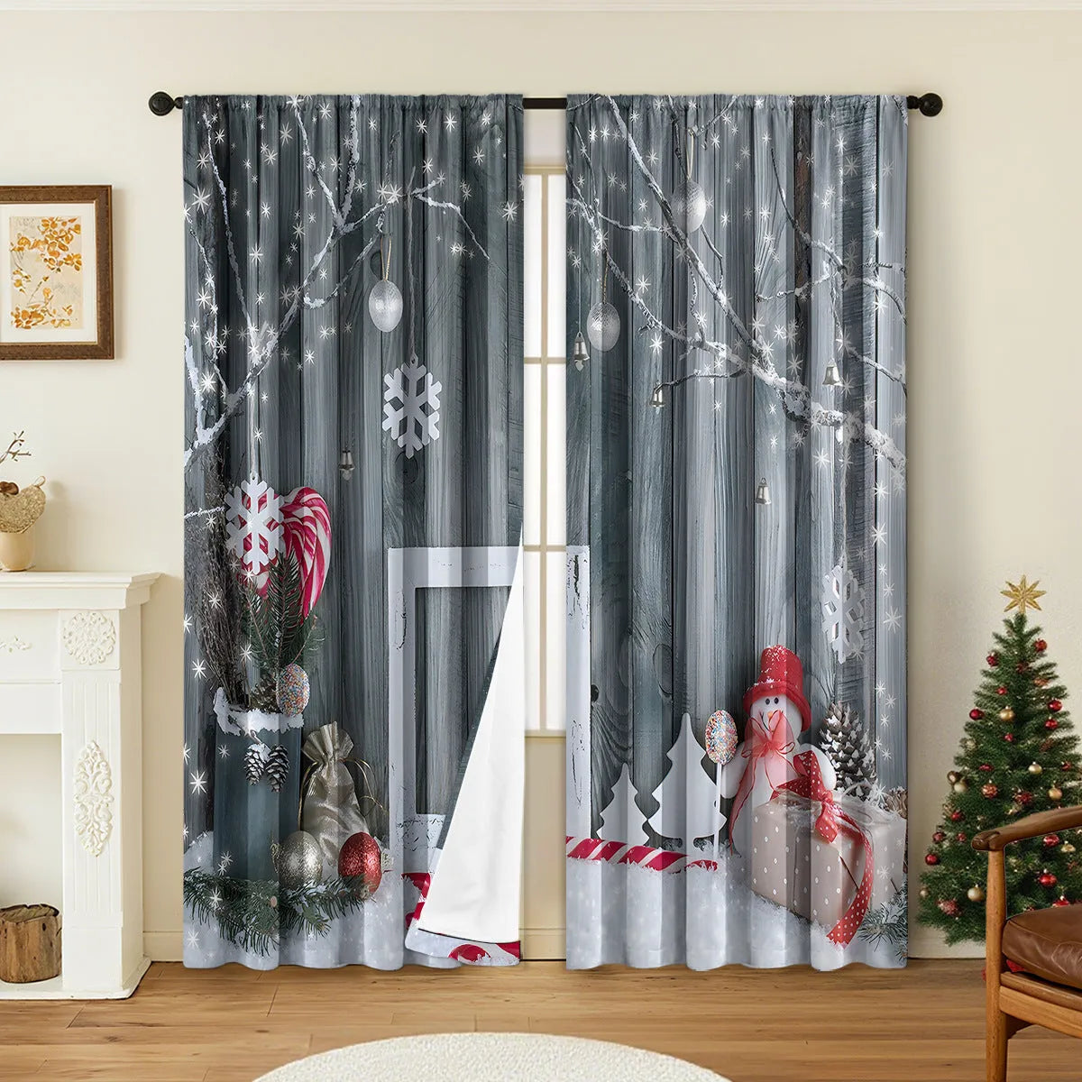 Pair of 3D digitally printed Christmas pattern blackout curtains hanging on a window.