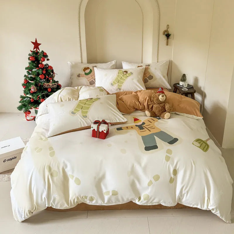 Christmas cartoon printed bedding set with sheet, quilt cover, and pillowcases in super soft washed cotton