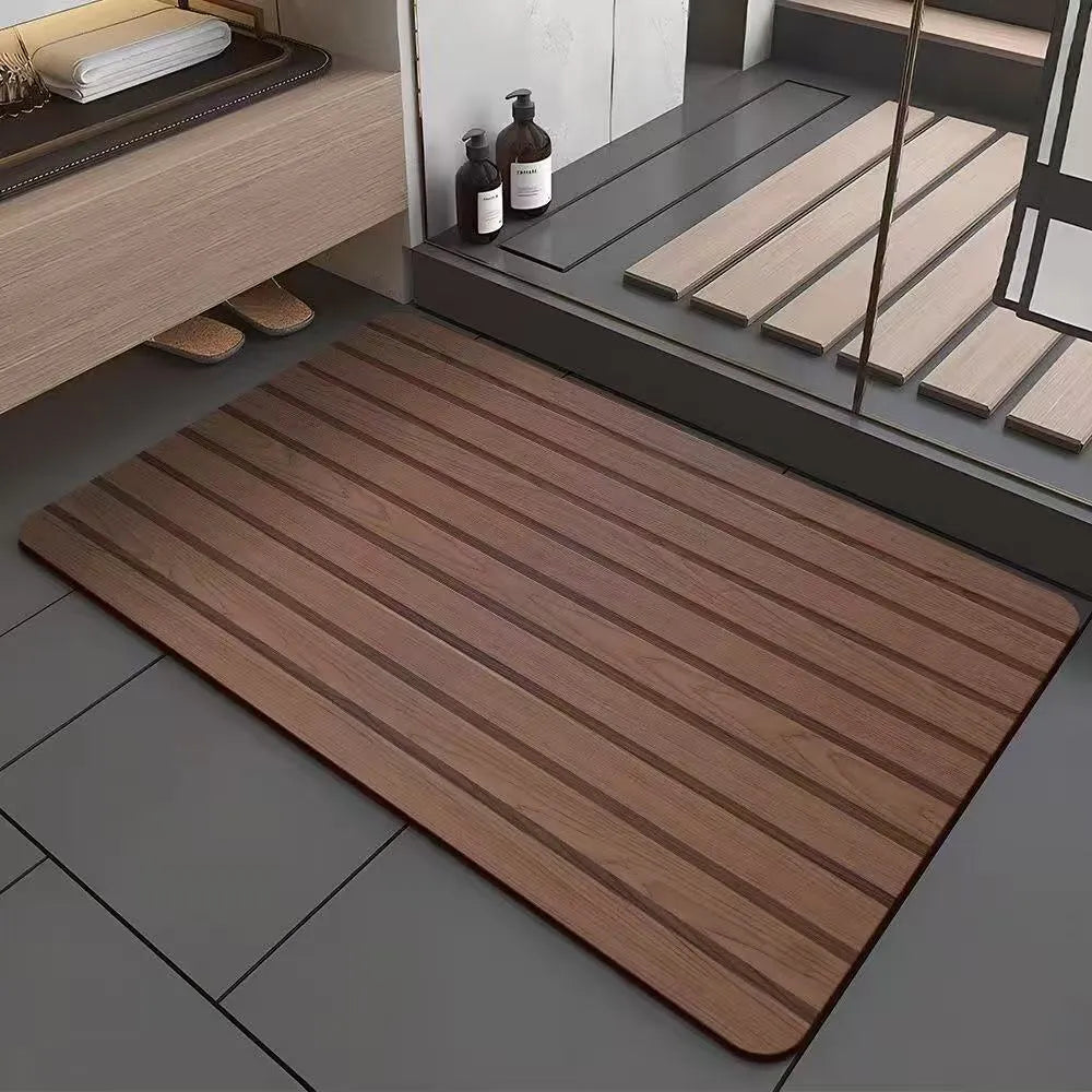 Square diatomite bathroom floor mat with wood grain pattern on bathroom tiles