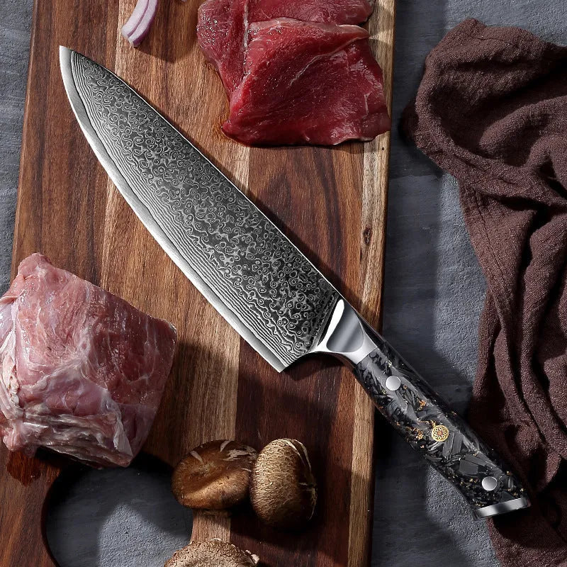 Damascus steel kitchen knife set showing eight different blade sizes with fishbone pattern detailing