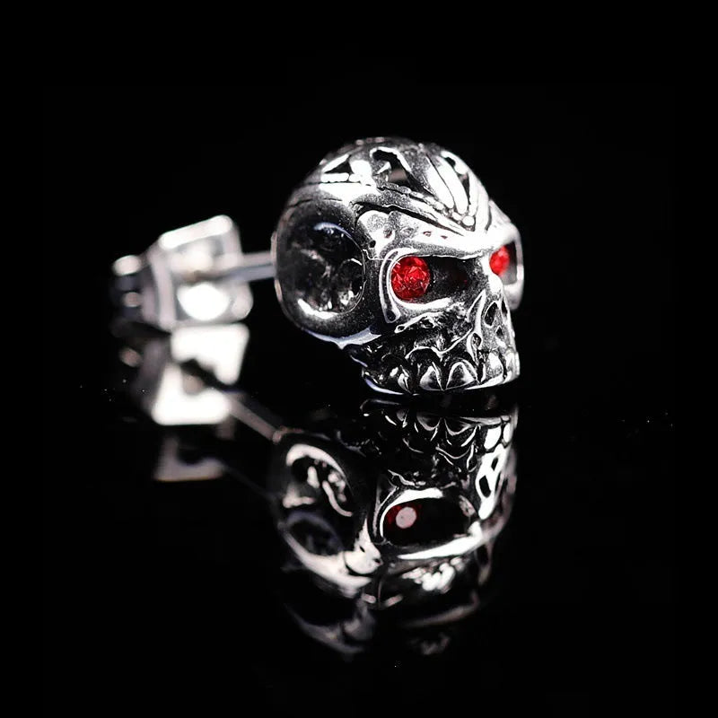 Retro red eye skull stud earrings with ghost head design and electroplated alloy finish