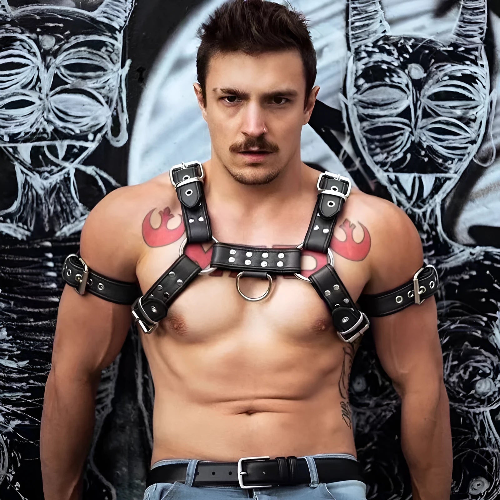 Black leather adjustable chest muscle bondage strap with metal buckle